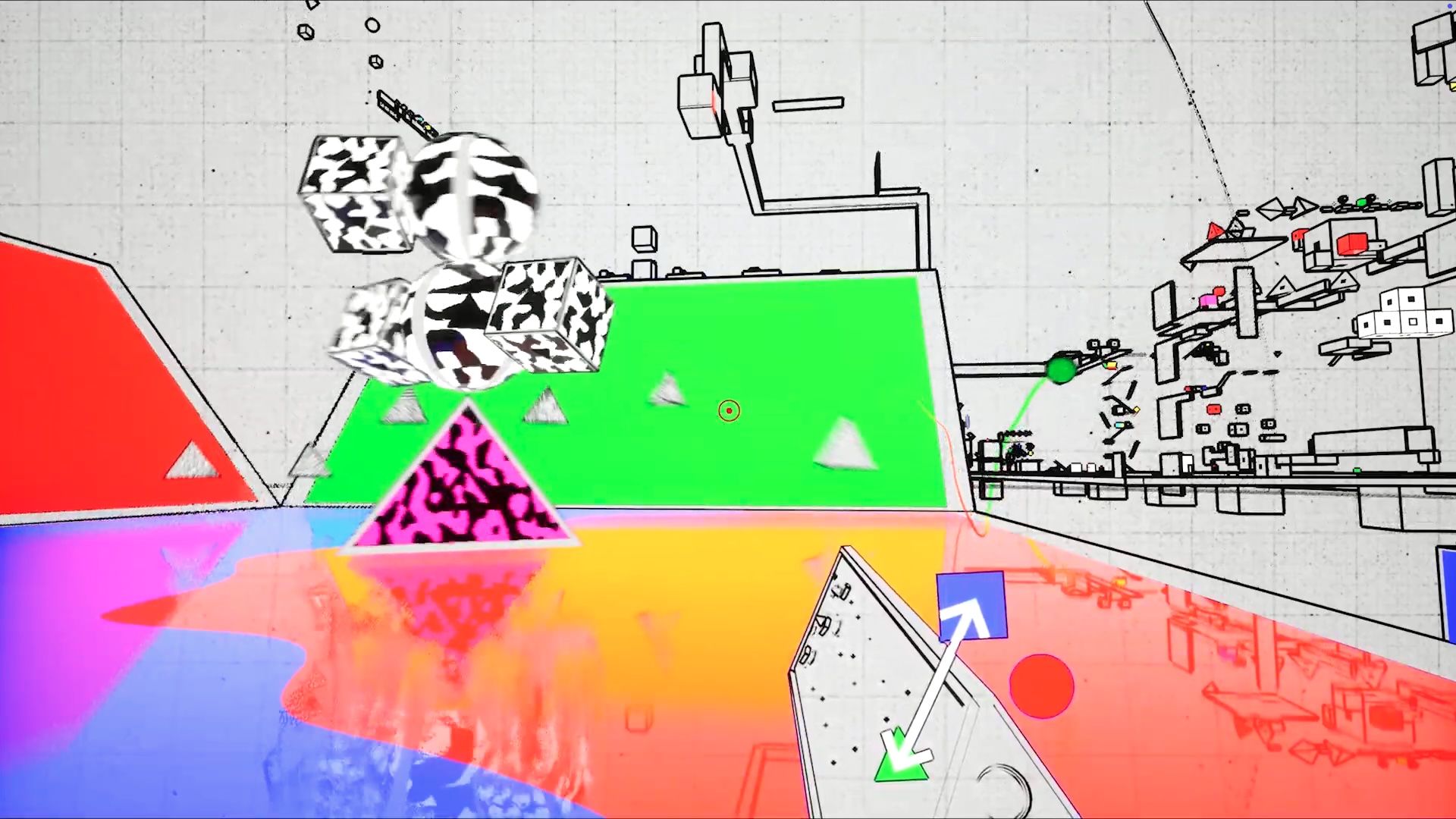 A black and white graphic line gun navigates a loopy geometrical environment in Art Is Rifle A black and white graphic line gun navigates a loopy geometrical environment in Art Is Rifle