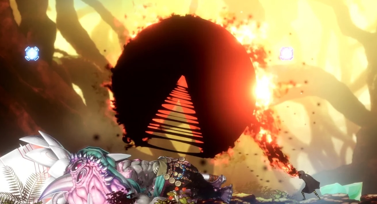 A giant black Pac-Man face chomps down on a monster in Shadow Labyrinth A giant black Pac-Man face chomps down on a monster in Shadow Labyrinth