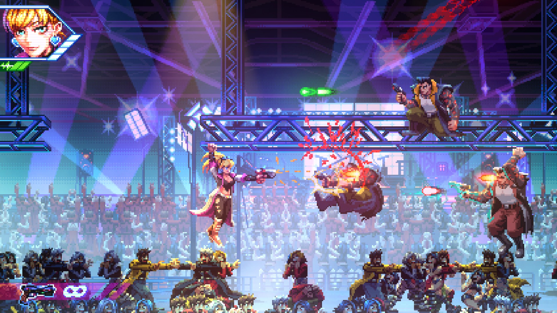 A blonde-haired assassin fires her gun into a goon while hanging from the scaffolding at a concert venue in Neon Inferno A blonde-haired assassin fires her gun into a goon while hanging from the scaffolding at a concert venue in Neon Inferno