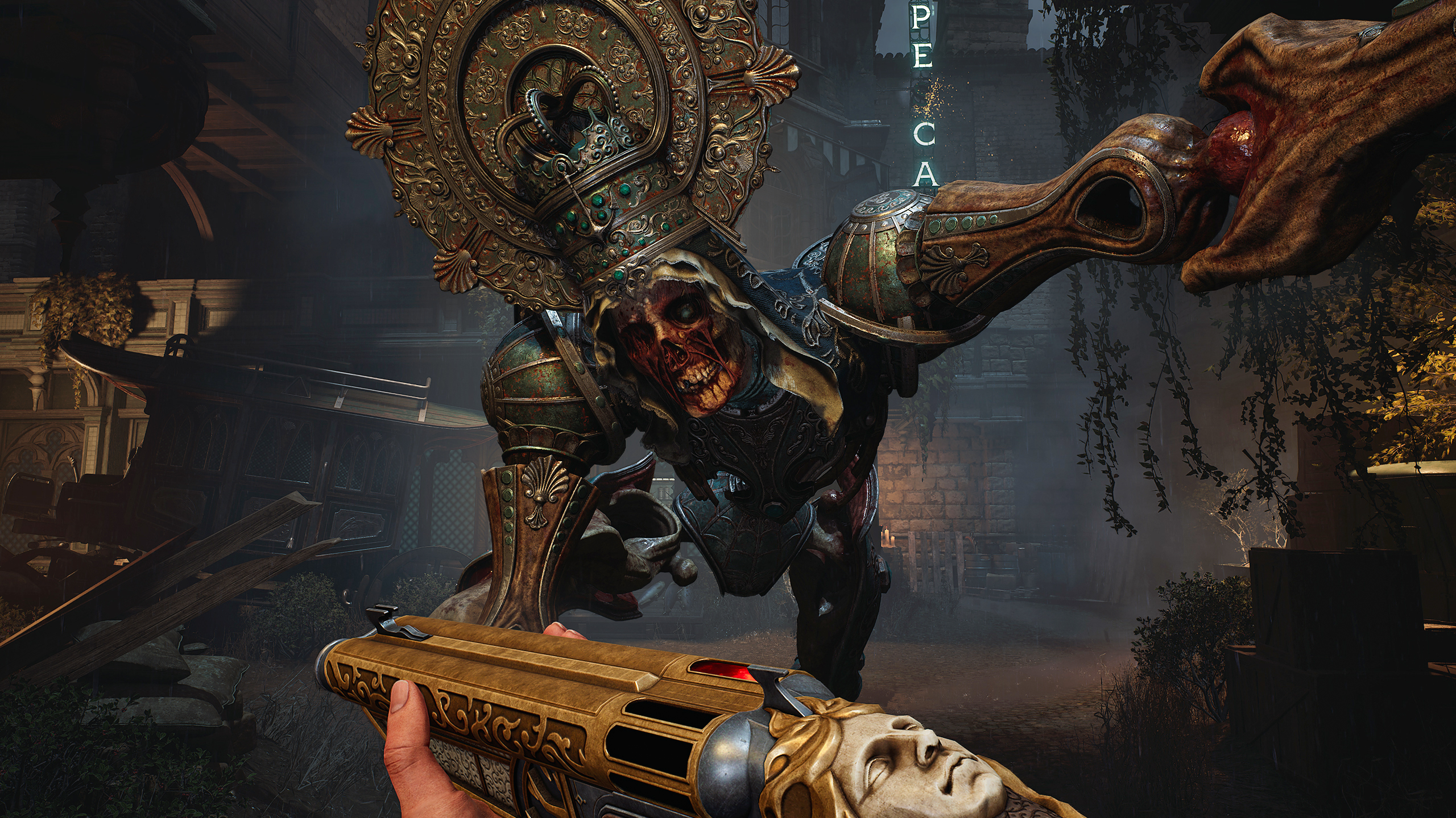 An undead king in ornate crown attacks the first-person shooter character as they reload their blood gun in Crisol An undead king in ornate crown attacks the first-person shooter character as they reload their blood gun in Crisol