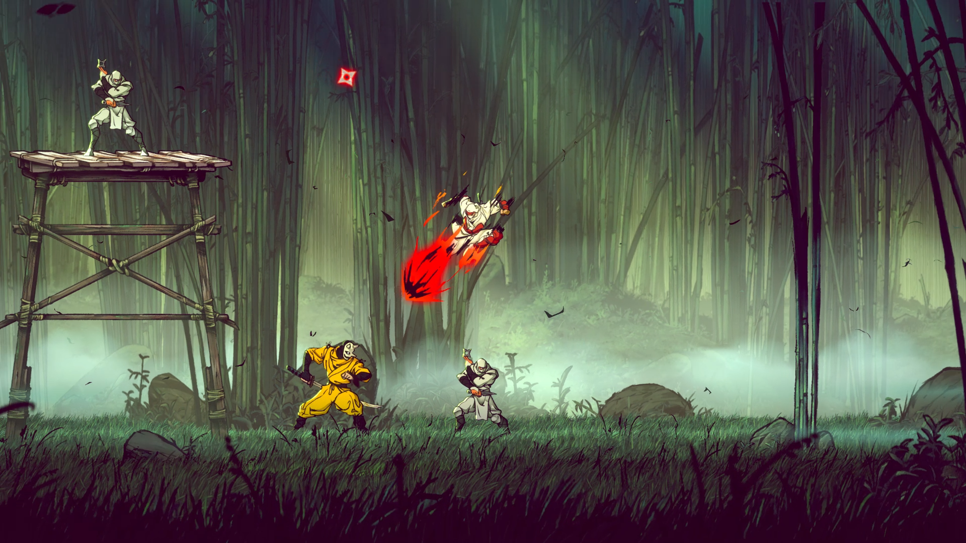 Joe Musashi thunder kicks at a swordsman in a yellow uniform in Shinobi: Art of Vengeance Joe Musashi thunder kicks at a swordsman in a yellow uniform in Shinobi: Art of Vengeance
