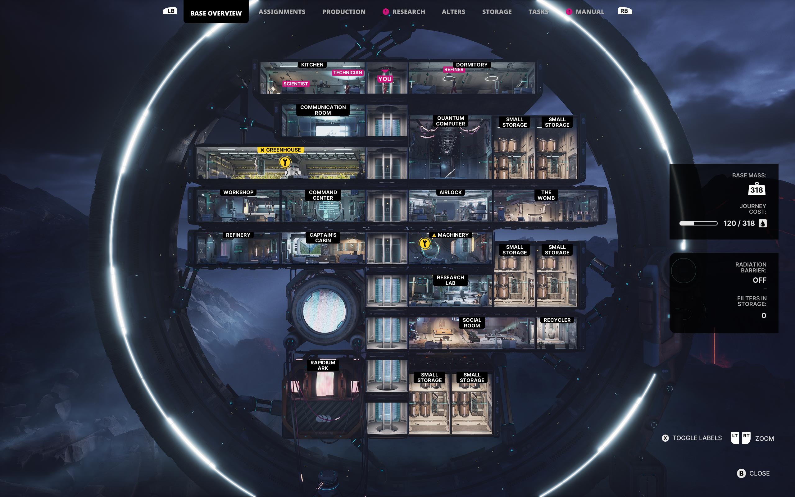 The Alters screenshot showing the base that you must operate out of in the game.