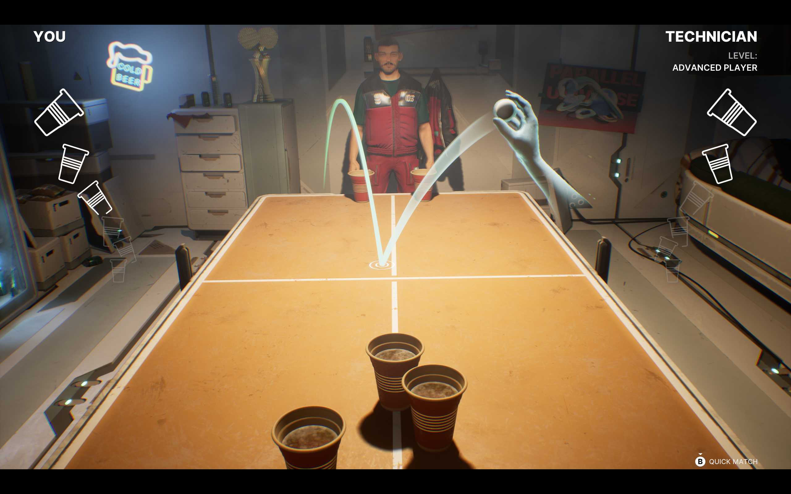 The Alters screenshot showing Jans playing a game involving cups and a ball.