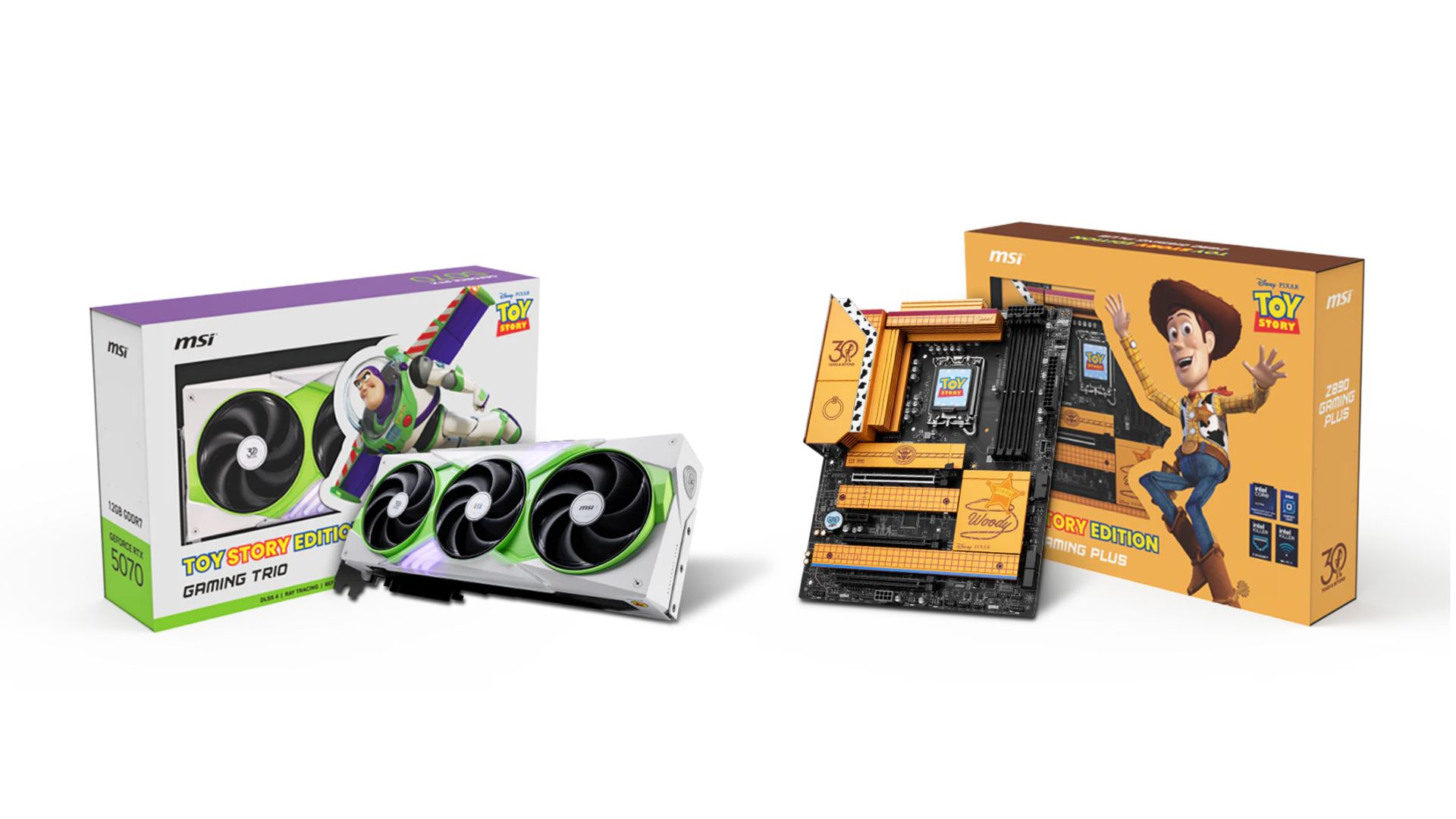 MSI's Buzz Lightyear RTX 5070 GPU and Woody Motherboard on a white background