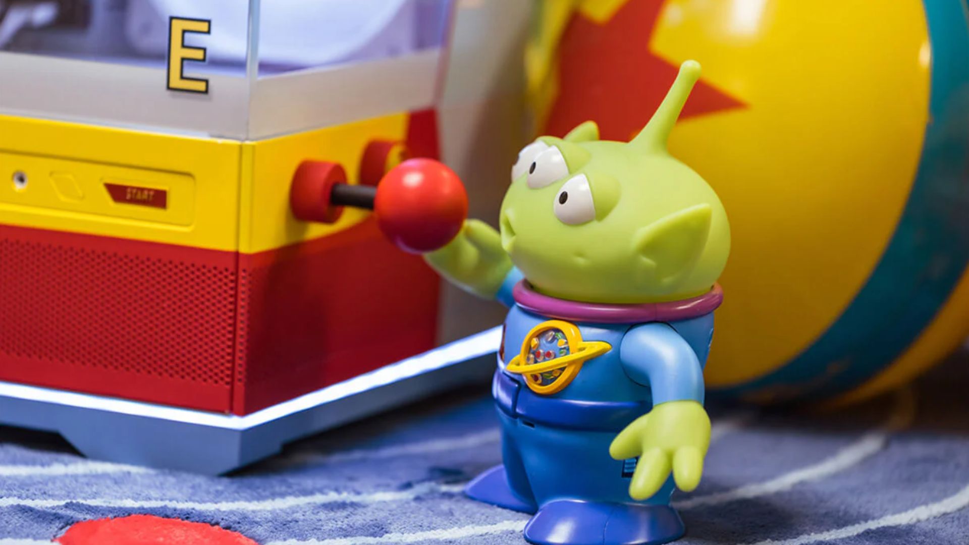 A claw machine joystick attached to MSI's Toy Story gaming PC