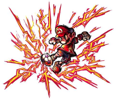 An illustration of Mario kicking a ball crackling with red energy in Super Mario Strikers