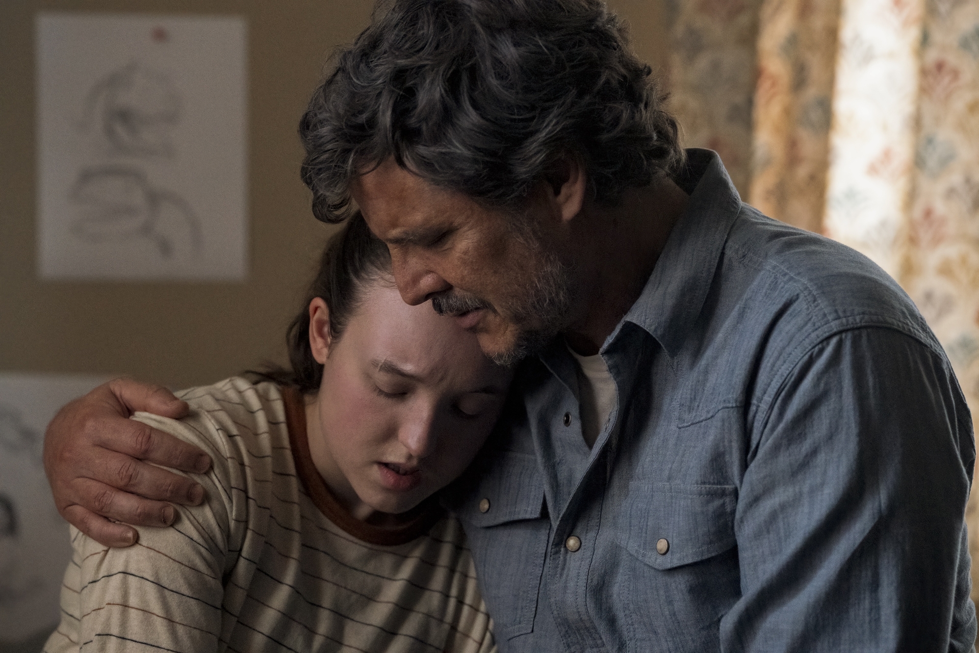 Joel (Pedro Pascal) and Ellie (Bella Ramsey) hugging in The Last of Us season 2, episode 6 Joel (Pedro Pascal) and Ellie (Bella Ramsey) hugging in The Last of Us season 2, episode 6