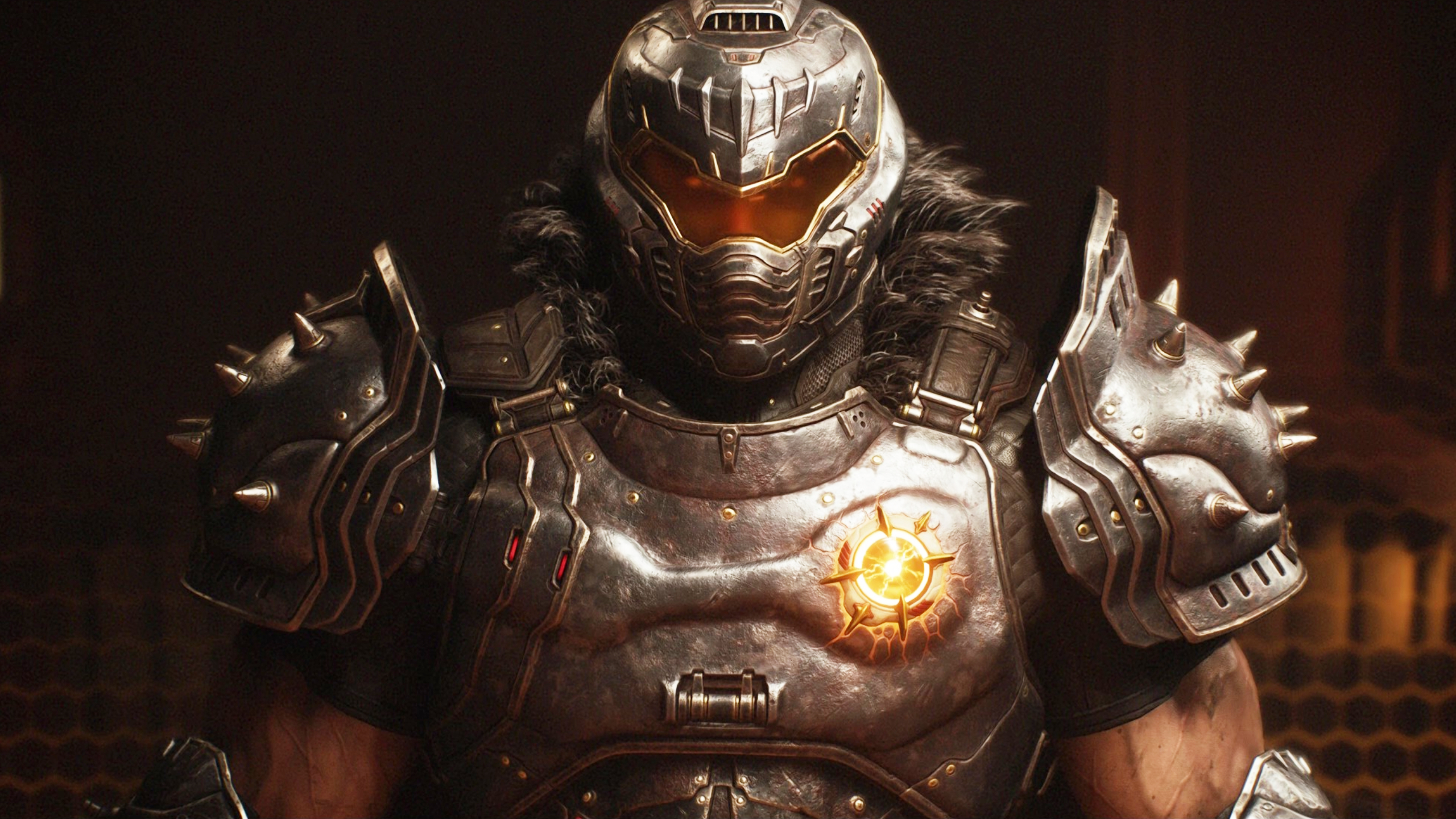 Doom: The Dark Ages missions list - An upper-body shot of the Doom Slayer looking directly into the camera with glowing eyes behind his visor.