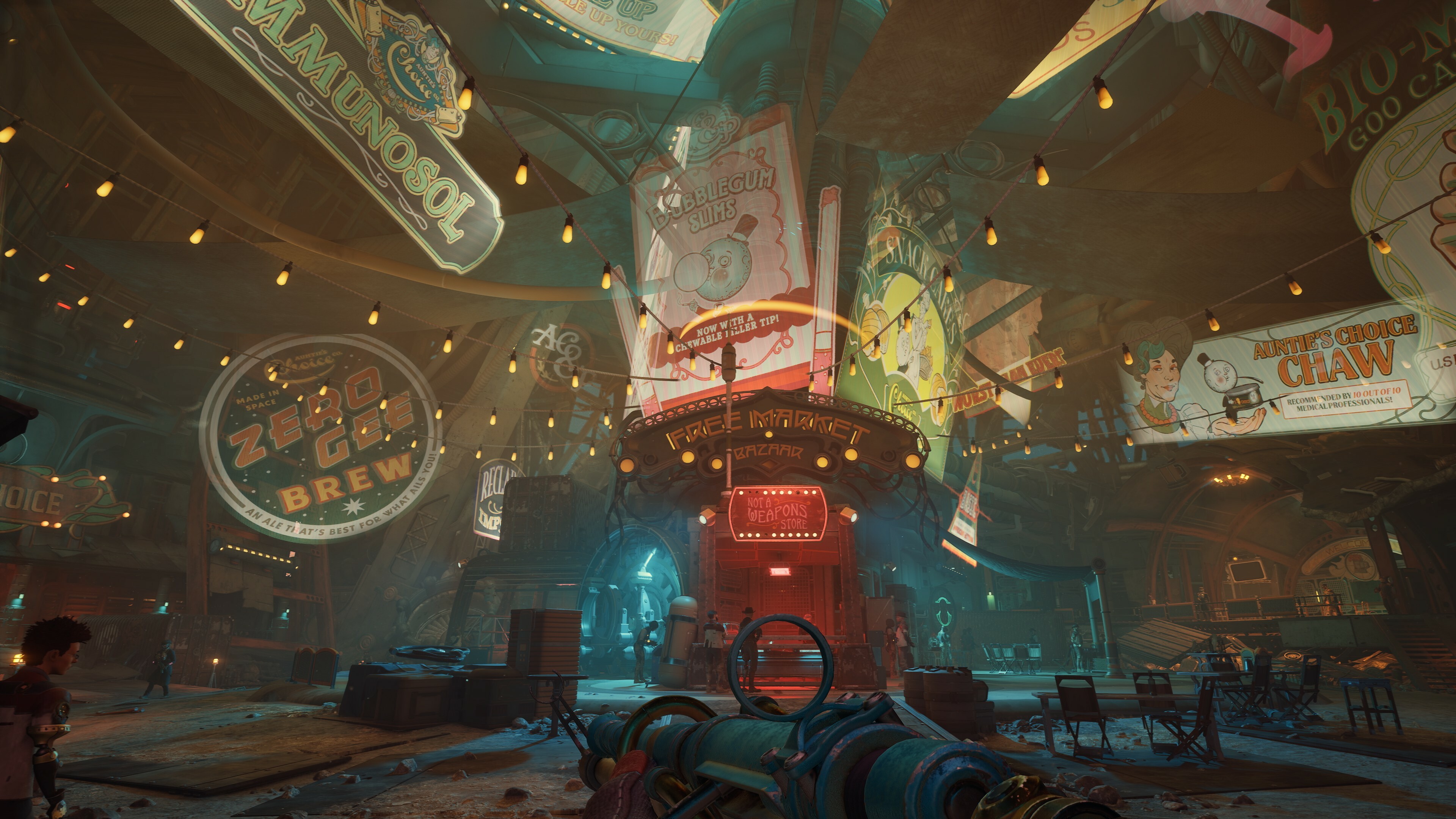 A market district in a work colony in The Outer Worlds 2, littered with holographic ads for corporate products.