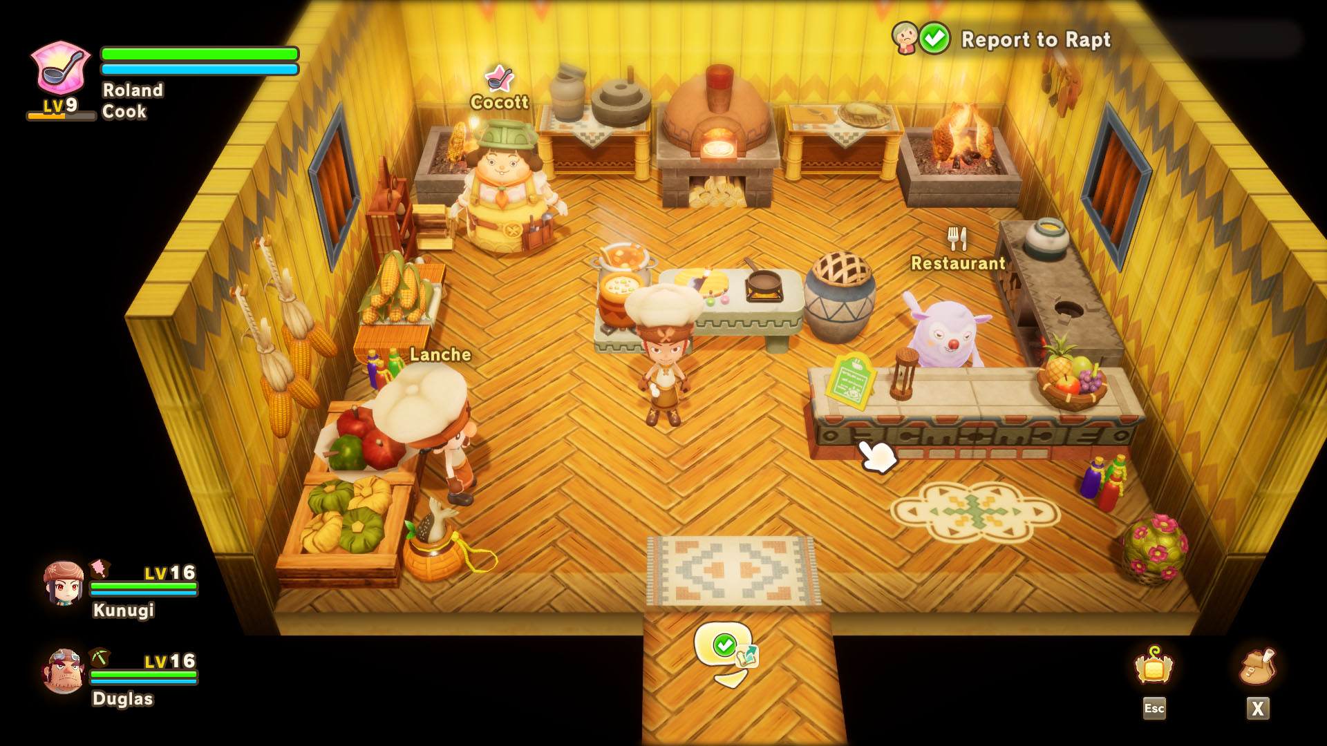 A Fantasy Life i: The Girl Who Steals Time screenshot showing the Cook’s guild in the game, where you find the Cocott, the guild leader and two other NPCs.