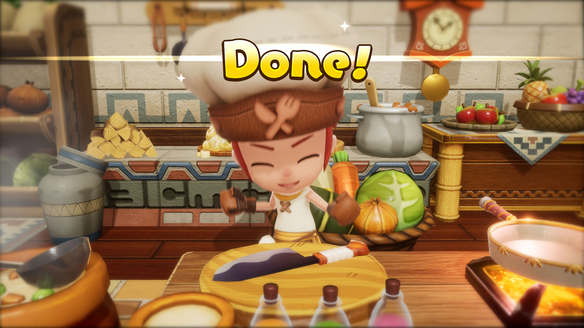 A Fantasy Life i: The Girl Who Steals Time screenshot showing the animation played after your character completes a recipe and the message “Done” written on the screen.