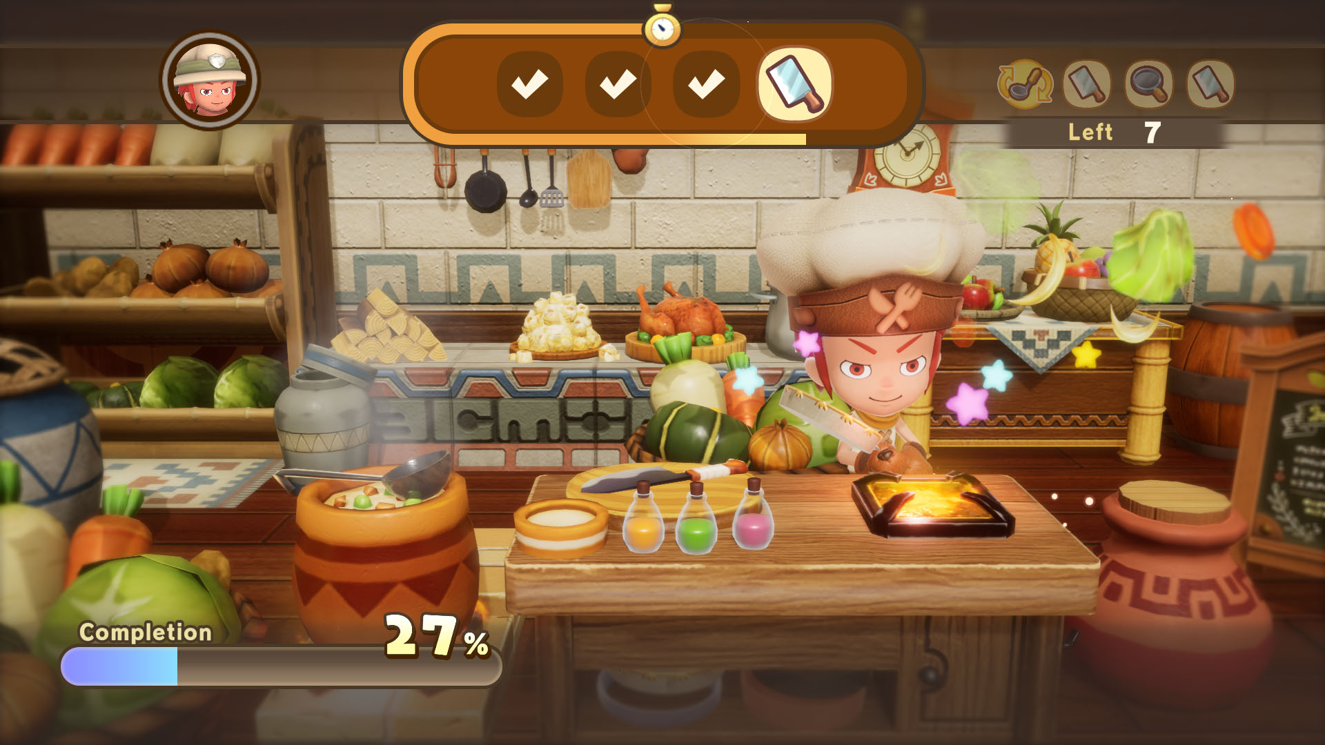 A Fantasy Life i: The Girl Who Steals Time screenshot showing the cooking minigame, with the timer running at the top of the screen.