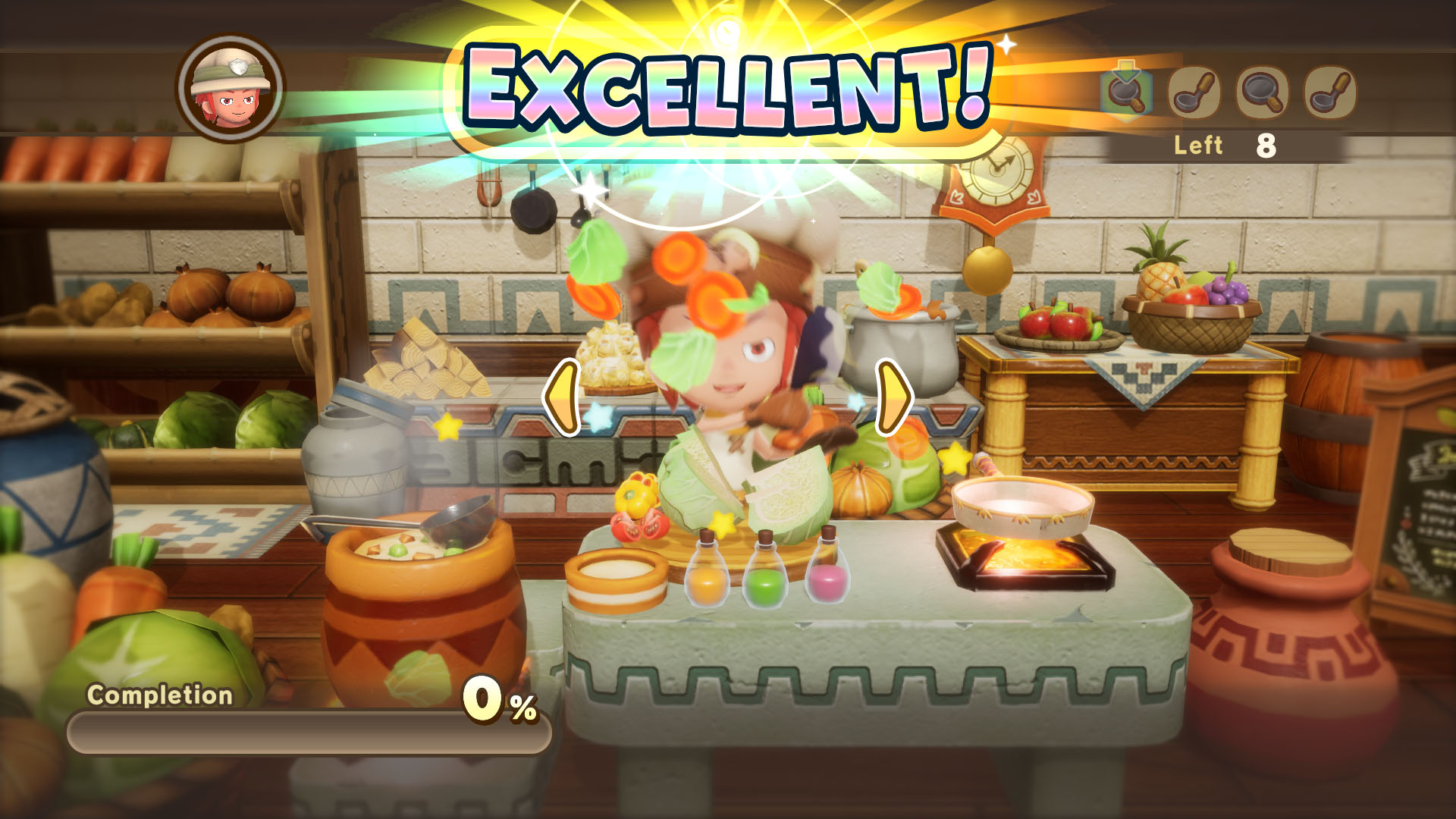 A Fantasy Life i: The Girl Who Steals Time screenshot showing the cooking minigame and the message “Excellenet!” written on the screen, which is the highest score you can get during the minigame.