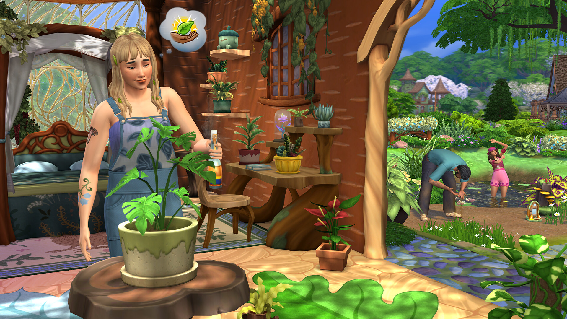 A Sim using new gardening actions from the Enchanted by Nature expansion.