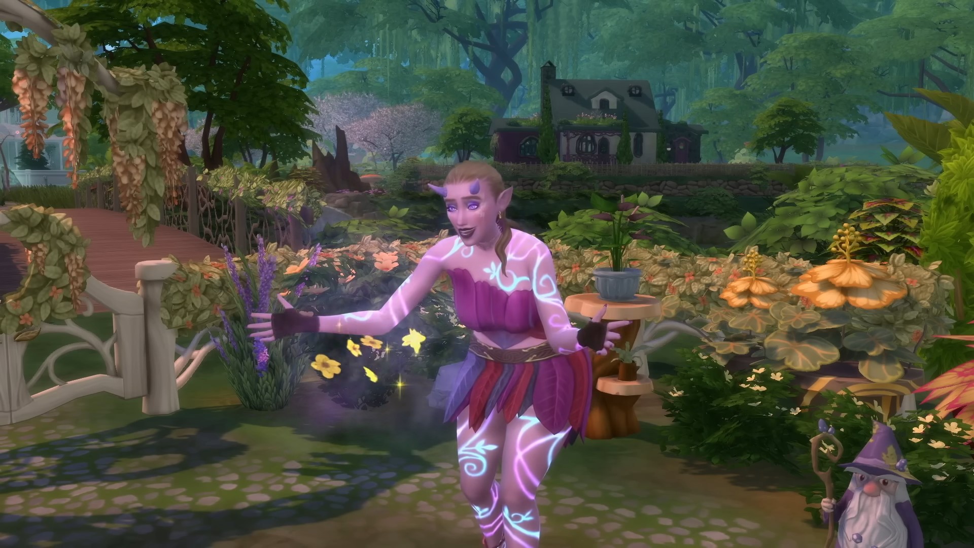 A Sims 4 occult Fairy Sim, who is pink and looks excited to see something.