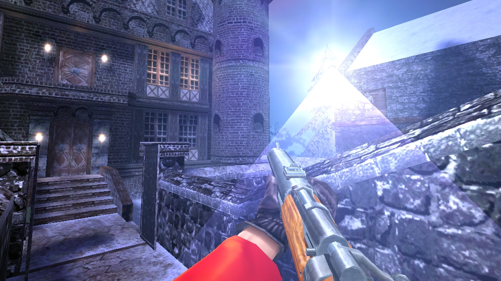 A searchlight beaming down on Kate as she infiltrates a base in No One Lives Forever.