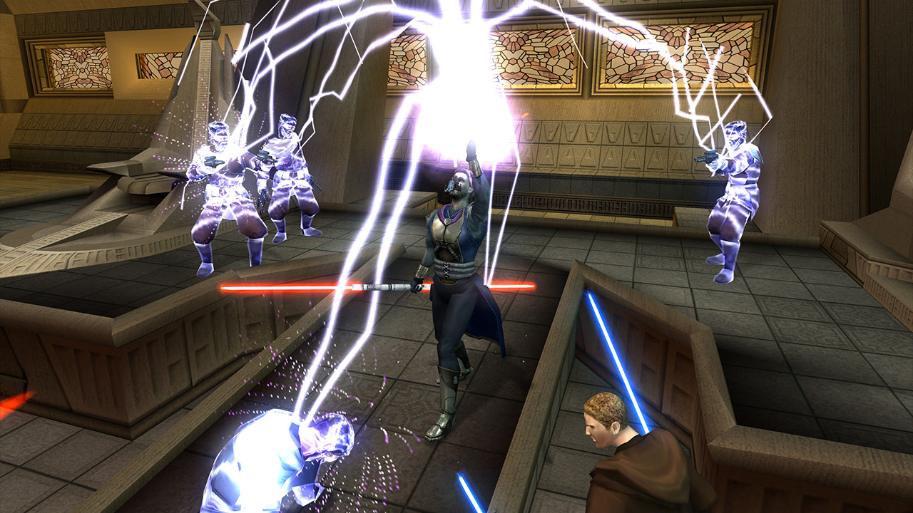 A dark Jedi using force lightning to kill a group of enemies.
