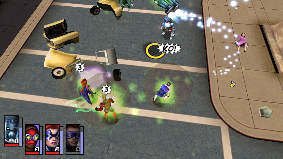 A superhero battle in Freedom Force.