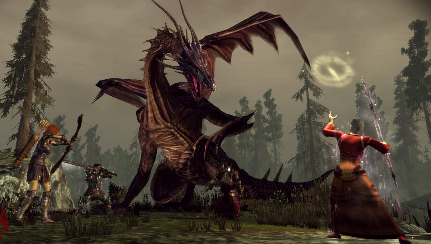 The party fighting a dragon in Dragon Age: Origins.
