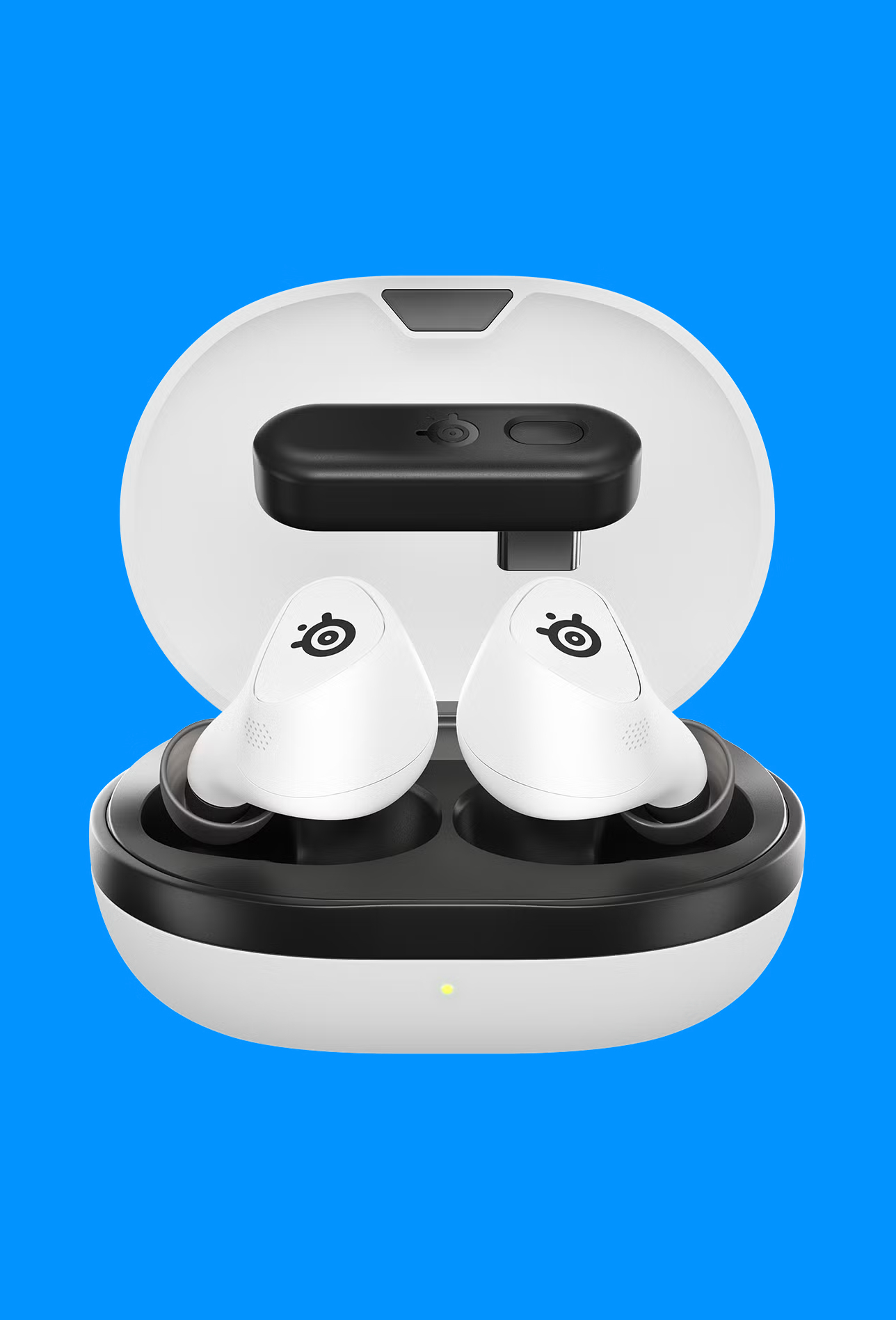 The SteelSeries Arctis Gamebuds on a blue background