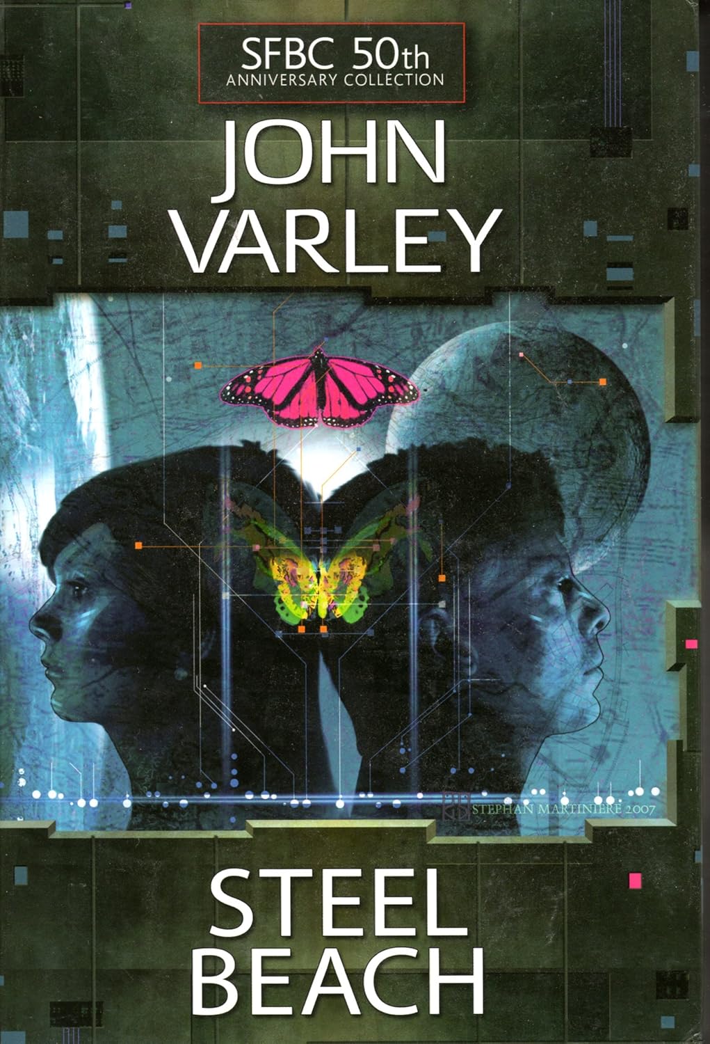 The cover of the Science Fiction Book Club edition of John Varley’s Steel Beach, with a man and a woman’s heads in profile, facing outward in opposite directions, with the moon in the sky behind them and two bright butterflies superimposed over them