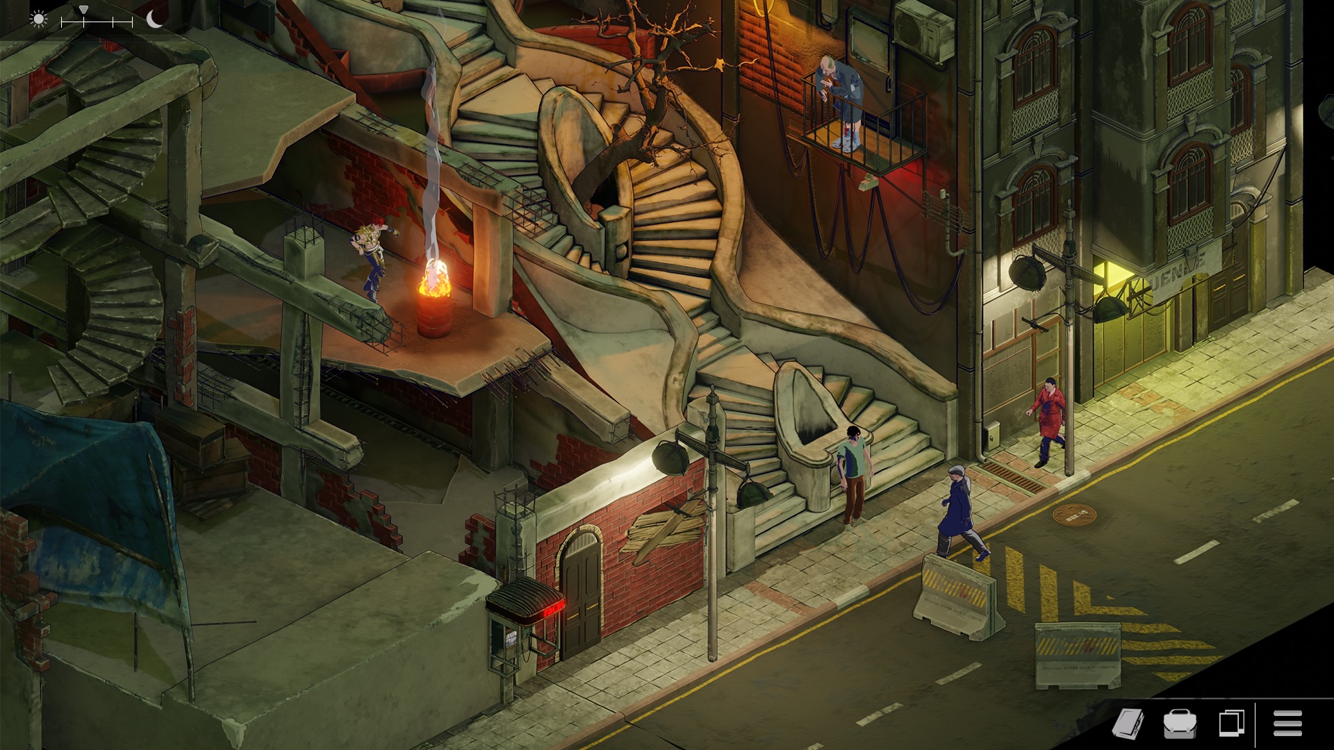 Surreal, twisting staircases lead up and away from the street.