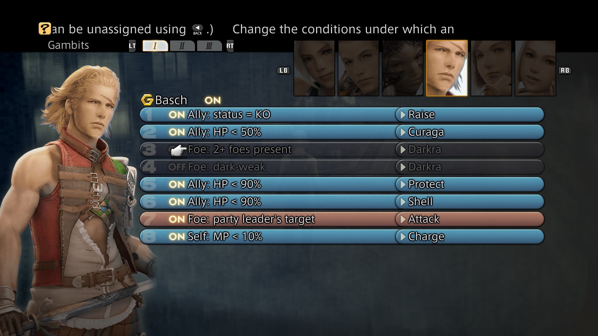 Several screenshots showing lists of Gambit options in Final Fantasy 12.