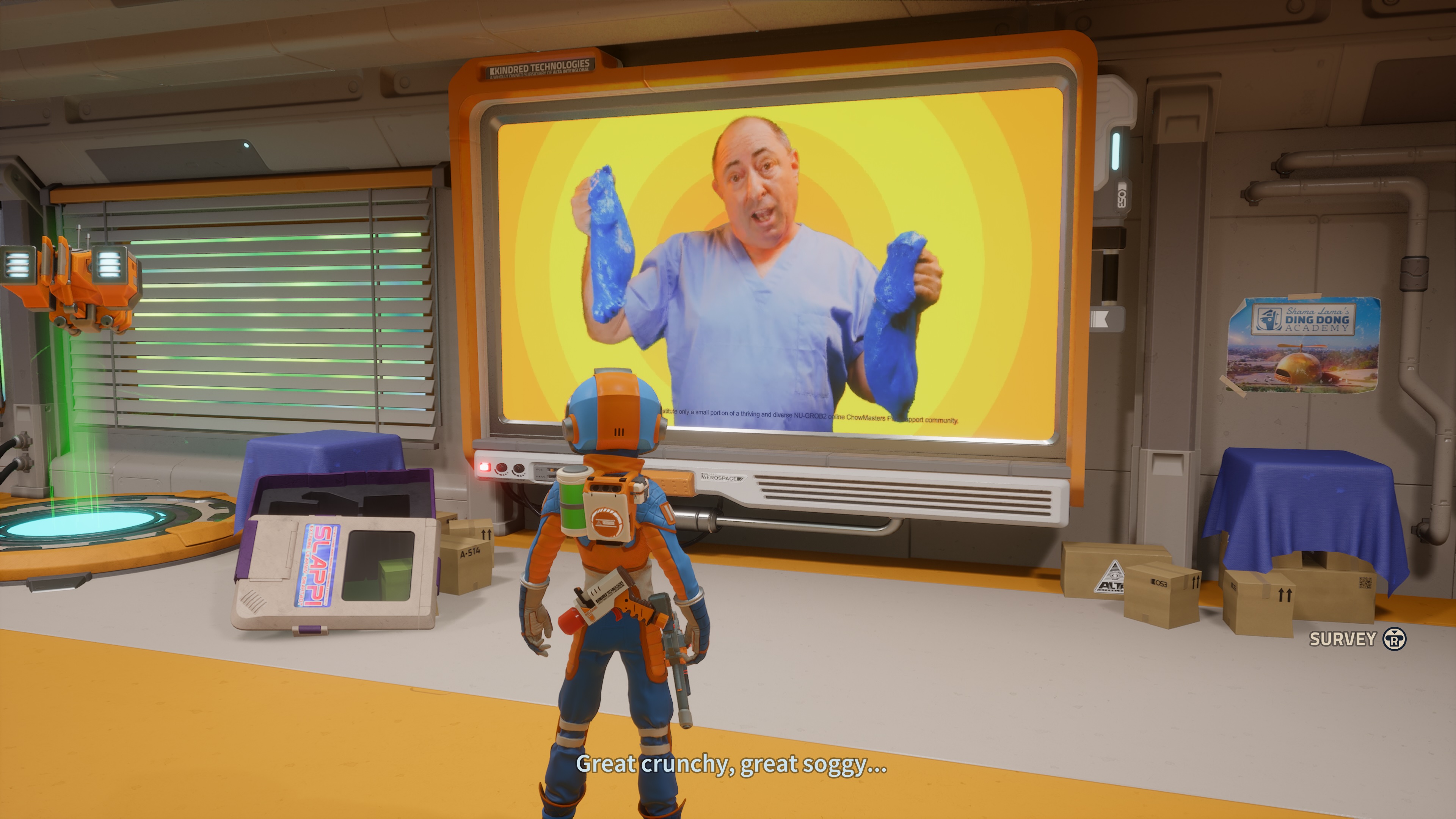 Astronaut looks at a slime commercial in the space habitat in Revenge of the Savage Planet Astronaut looks at a slime commercial in the space habitat in Revenge of the Savage Planet