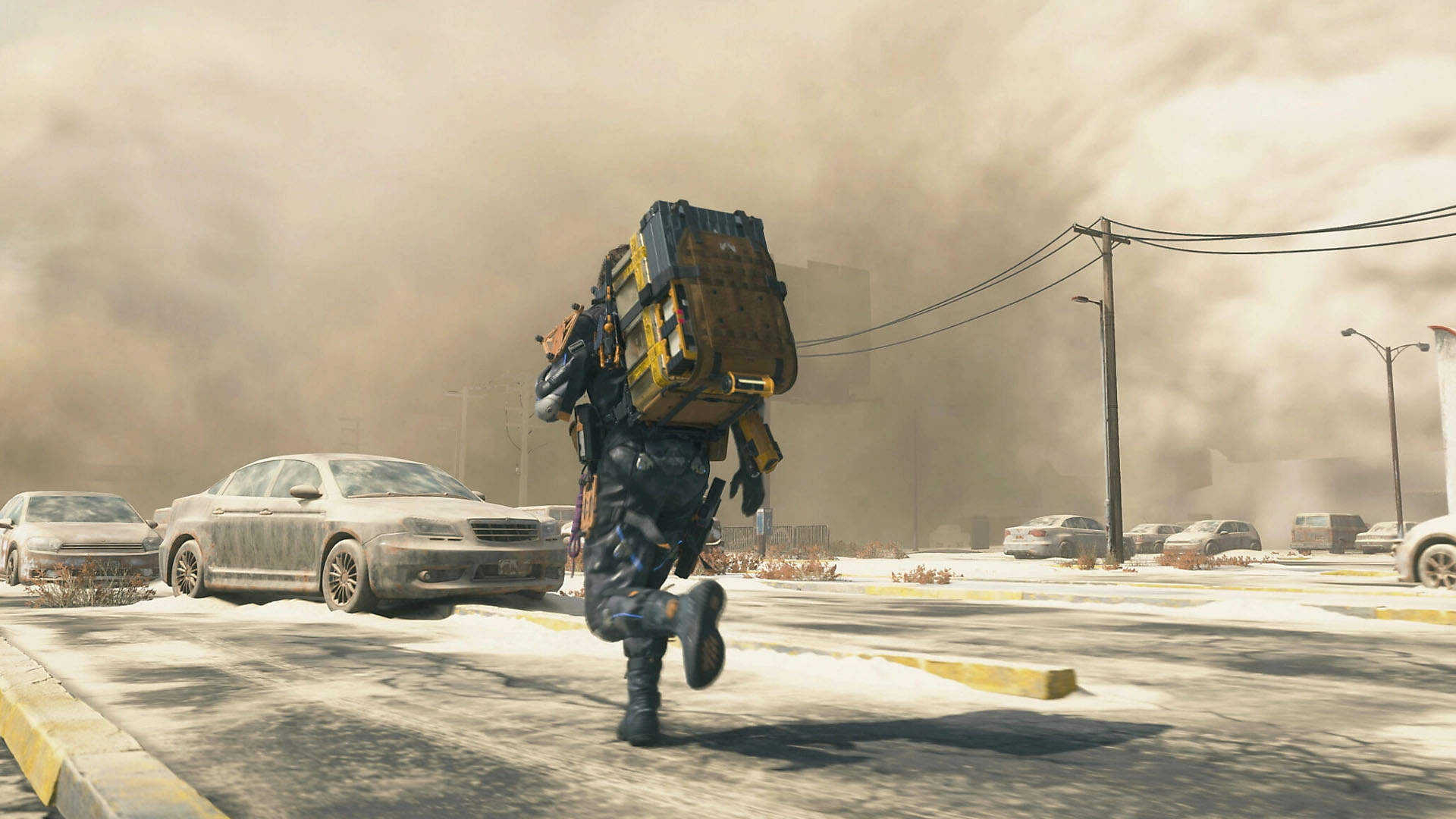A Death Stranding 2 screenshot showing Sam carrying a packet on this back. He is running in a desolated road with lots of abandoned cars.