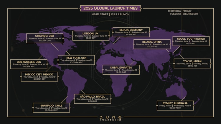A graphic shows all release times in early access for Dune Awakening
