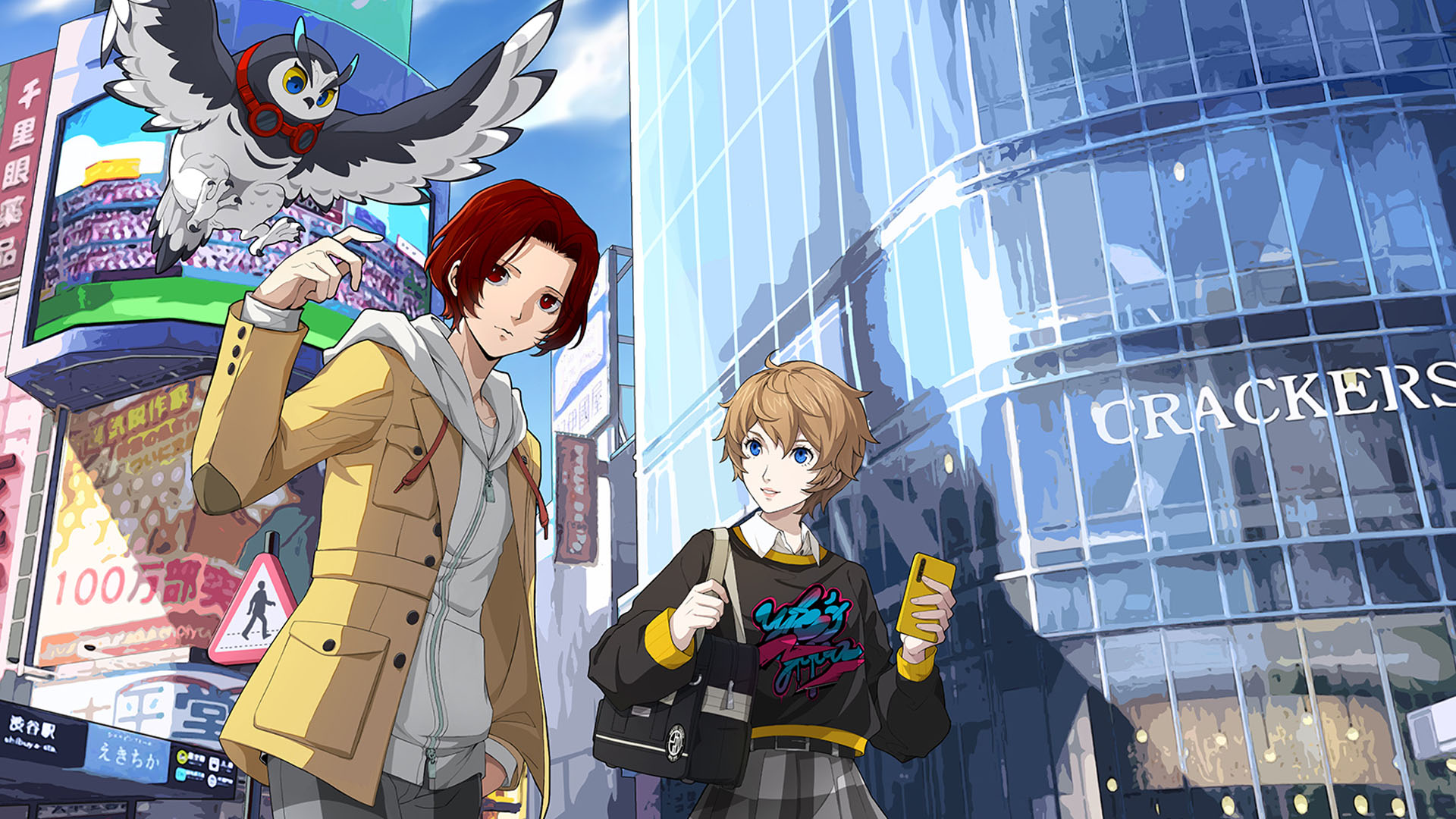 An official Persona 5: The Phantom X image showing a boy, a girl, an owl in the middle of a city. An official Persona 5: The Phantom X image showing a boy, a girl, an owl in the middle of a city.