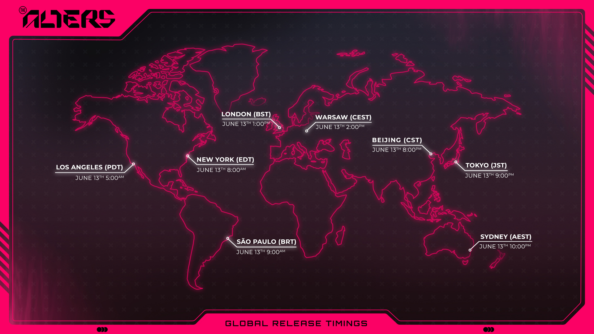 A world map with various release times per time zone for video game The Alters. A world map with various release times per time zone for video game The Alters.