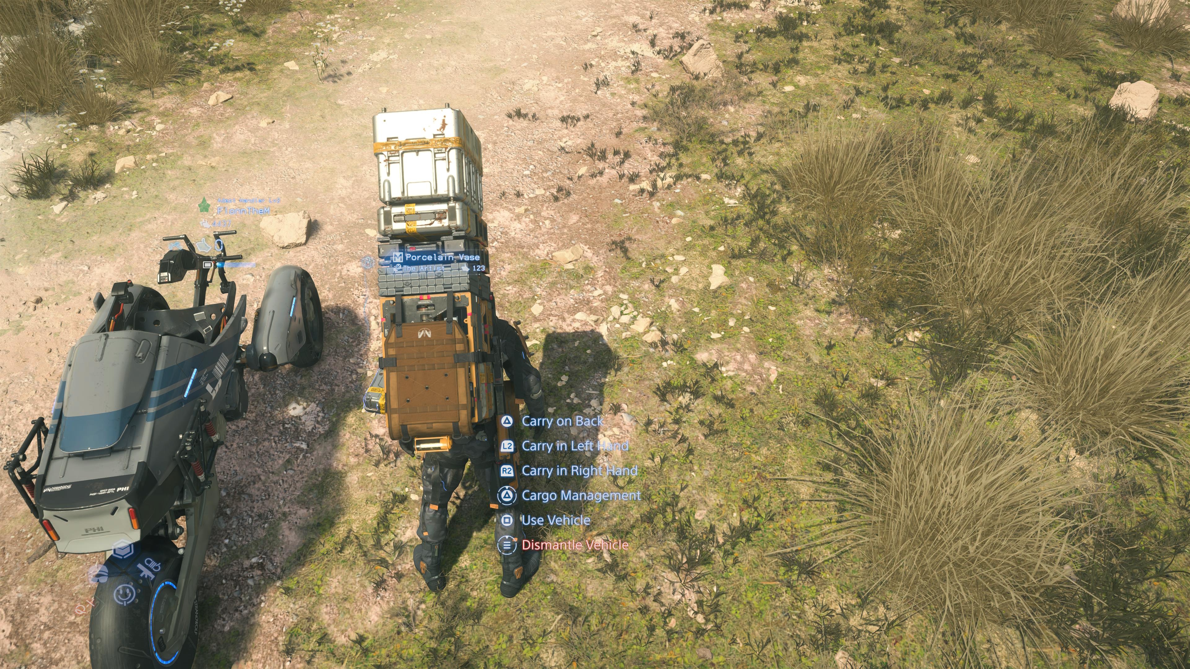 Sam collecting the Artist’s cargo in Death Stranding 2