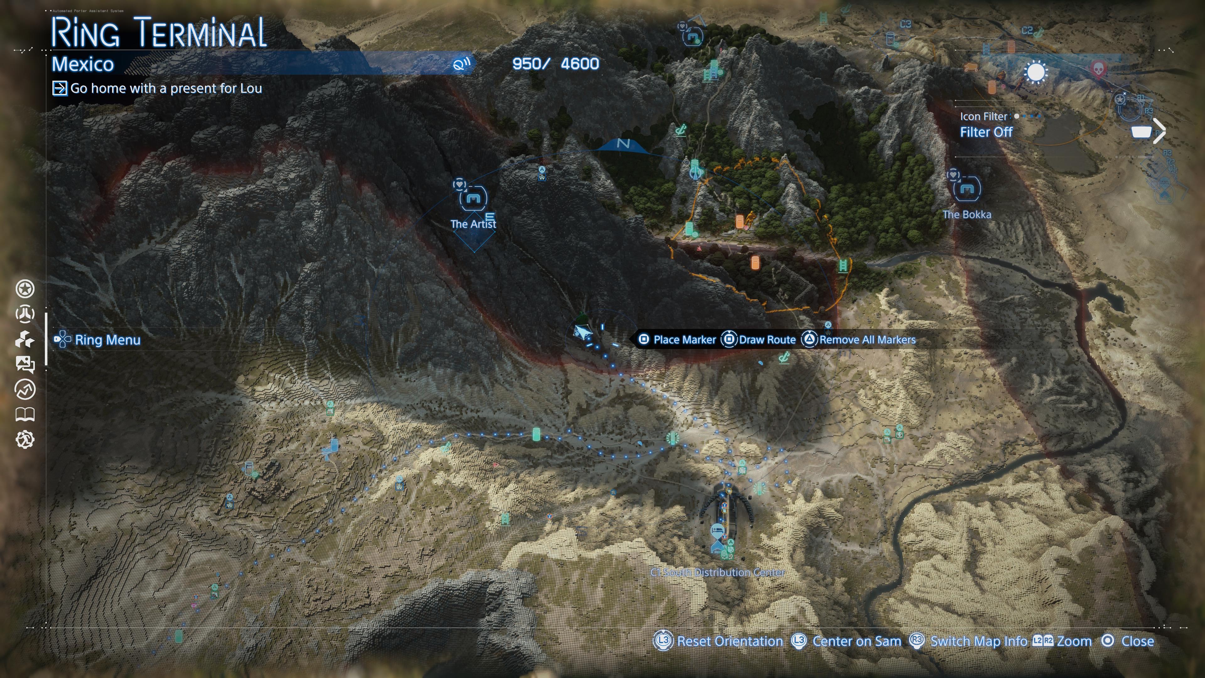 A map image showing where to find the Artist and her cargo in Death Stranding 2