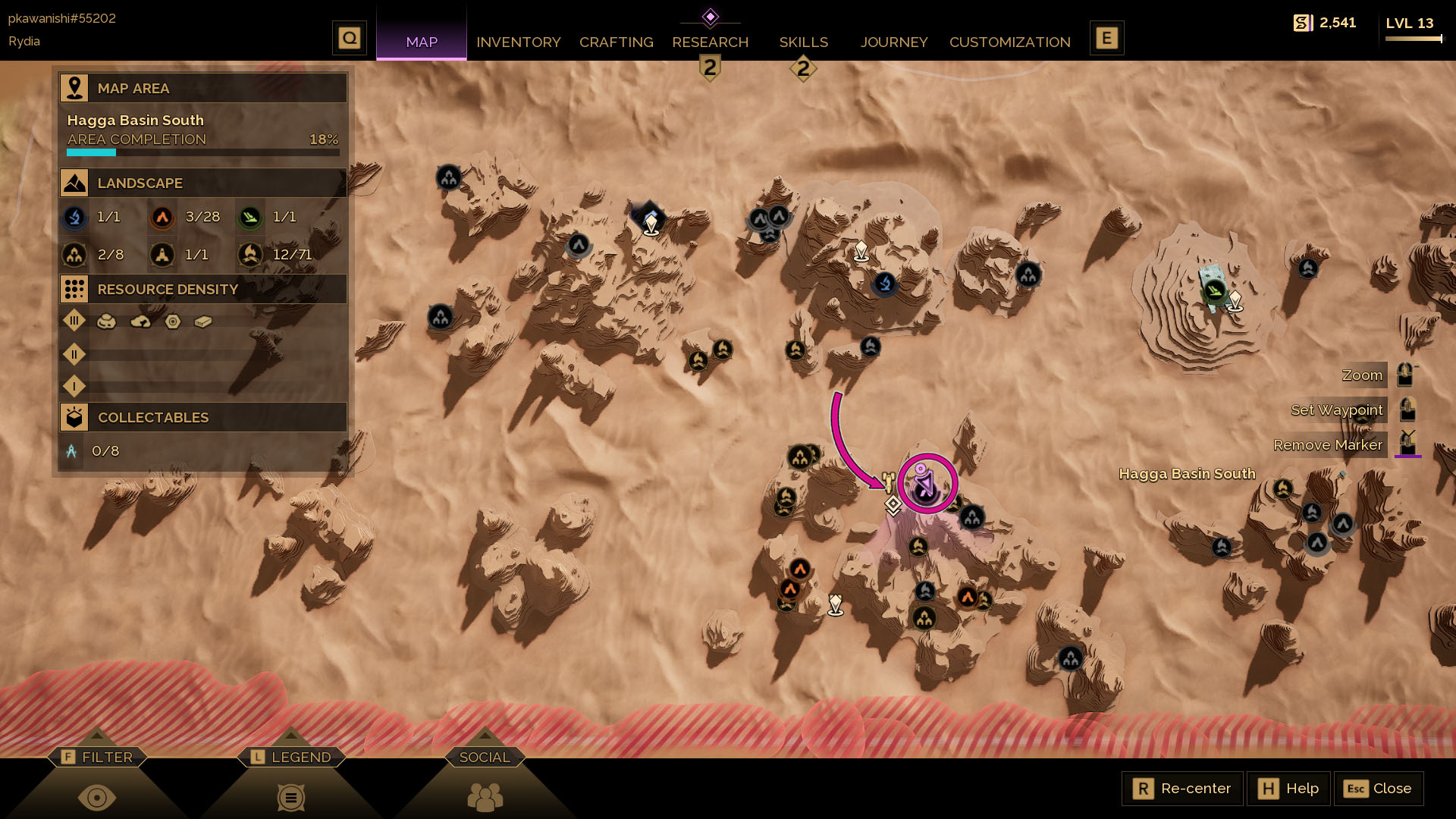 A Dune: Awakening screenshot showing the map of the Hagga Basin South region and the location of the first Trial of Aql.