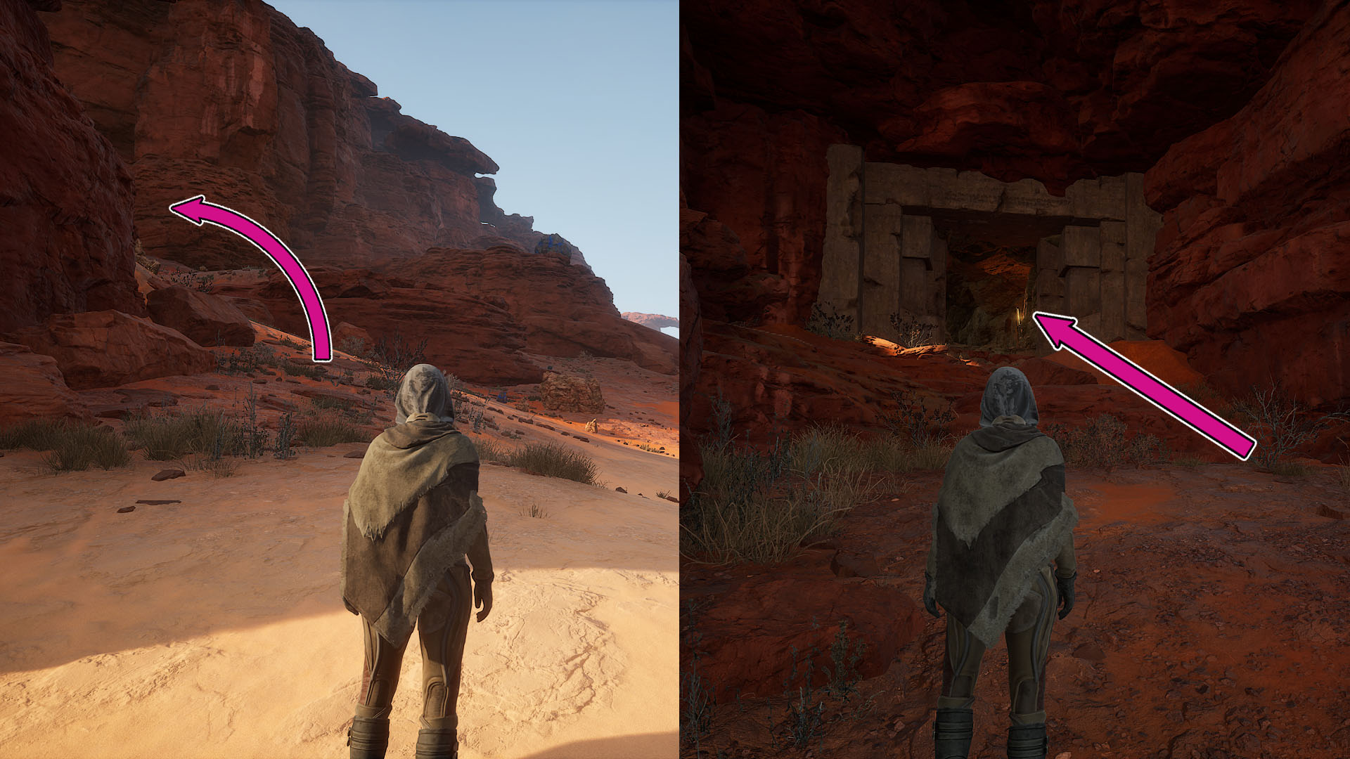 A montage of two Dunge: Awakening screenshots showing the path to the entrance of the first Trial of Aql.