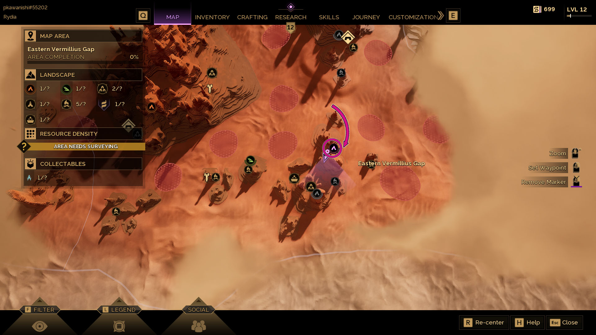 A Dune: Awakening screenshot showing the map of the Eastern Vermeillius Gap region and where the second Trials of Aql is located.
