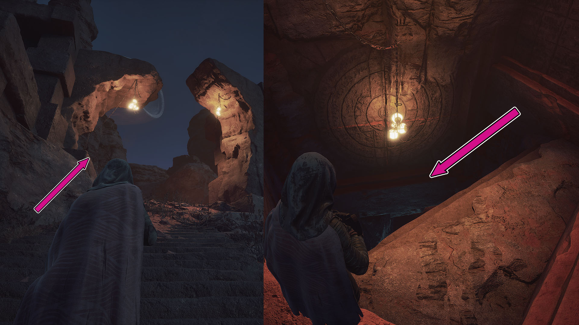 A montage of two Dune: Awakening screenshots showing the path to the entrance to the second Trial of Aql.