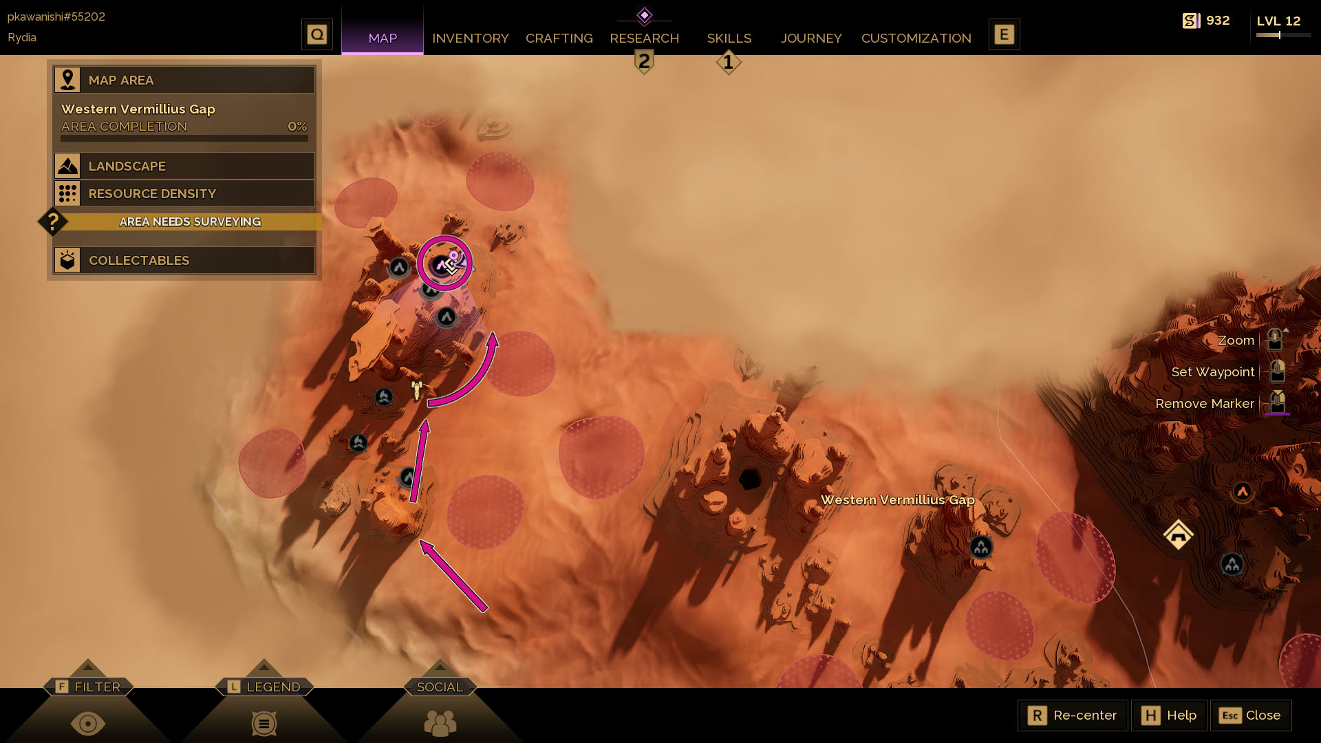 A Dune: Awakening screenshot showing the map of the the Western Vermillious Gap and where the third Trial of Aql is located.