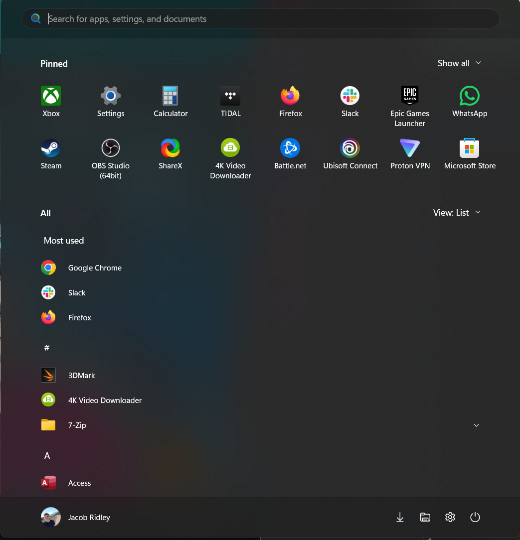 The new Windows 11 Start menu in List view