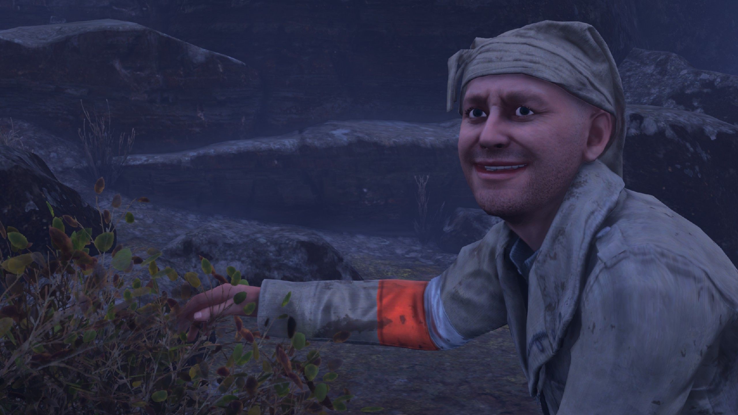 Jim indicates a bush he thinks would be good for peeing behind