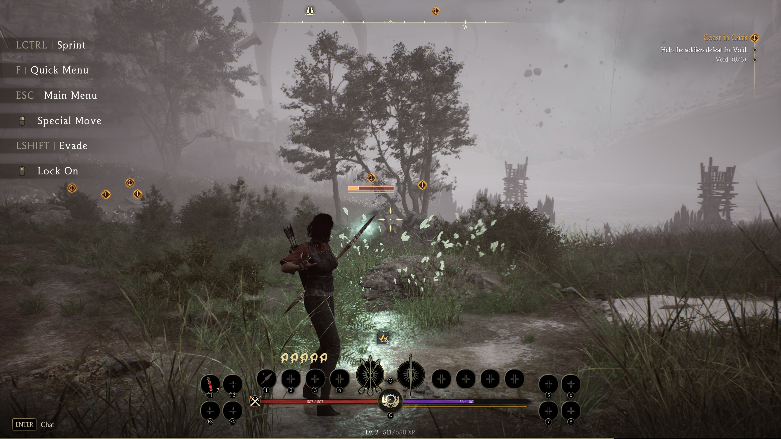 An assassin character from Chrono Odyssey shoots arrows toward an enemy in a fantasy environment