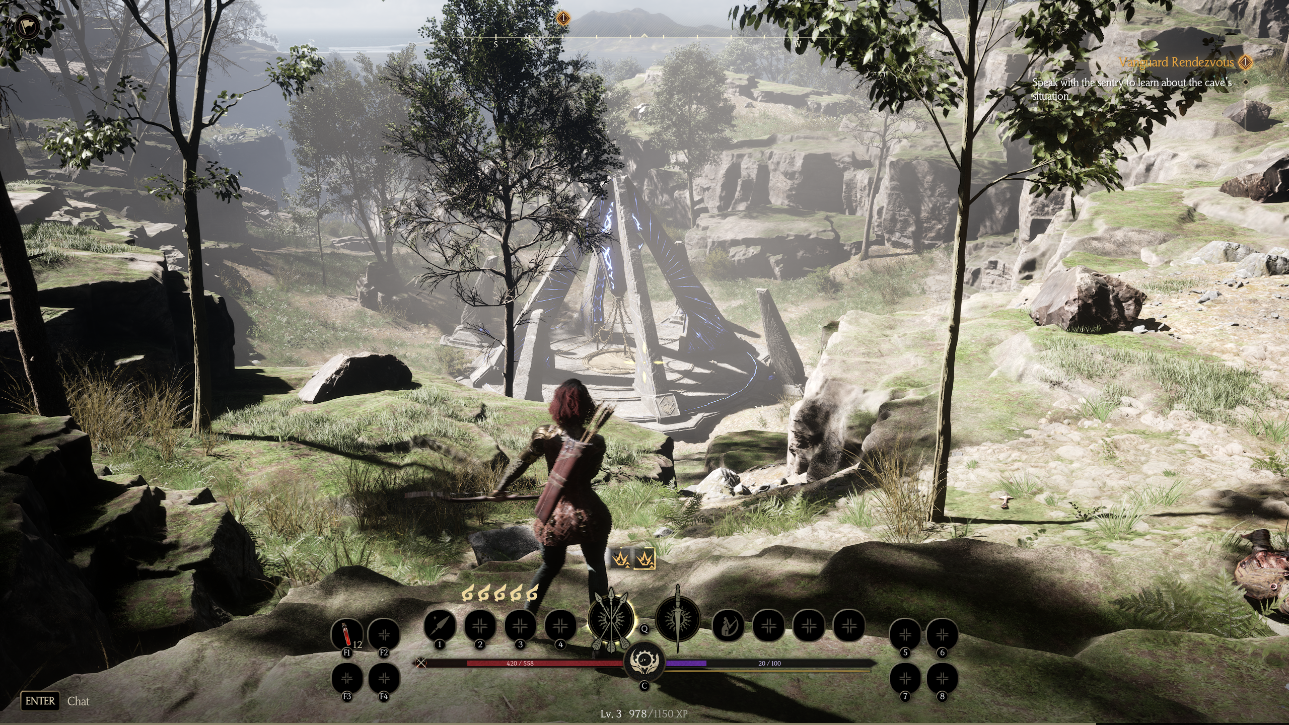 An assassin character from Chrono Odyssey stands above a bright valley with a triangular stone structure sitting below