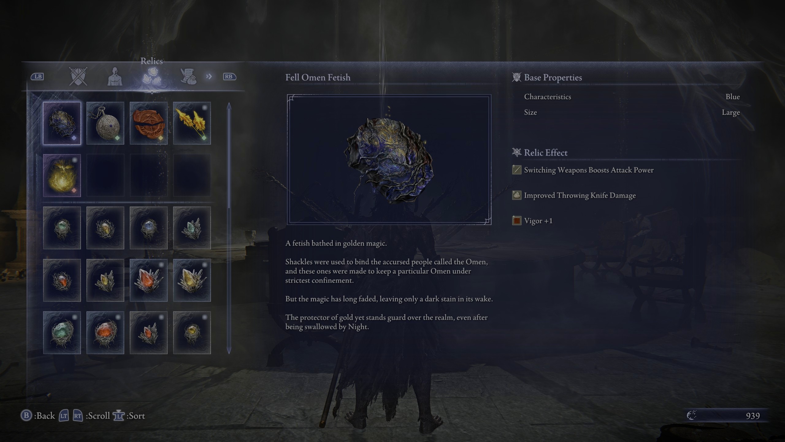 Inventory screen showing stats and description of Fell Omen Fetish in Elden Ring Nightreign