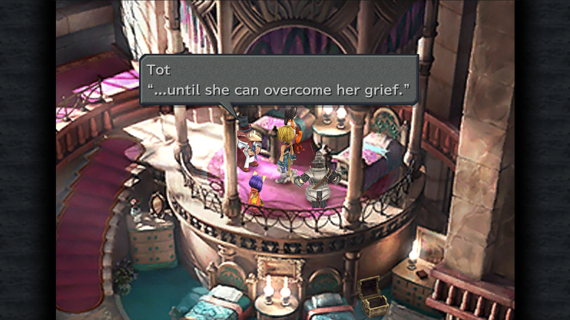 A Final Fantasy 9 screenshot showing Zidane, Steiner, Eiko, and Garnet talking to Tot who’s explaining to them why the princess lost her voice. A Final Fantasy 9 screenshot showing Zidane, Steiner, Eiko, and Garnet talking to Tot who’s explaining to them why the princess lost her voice.