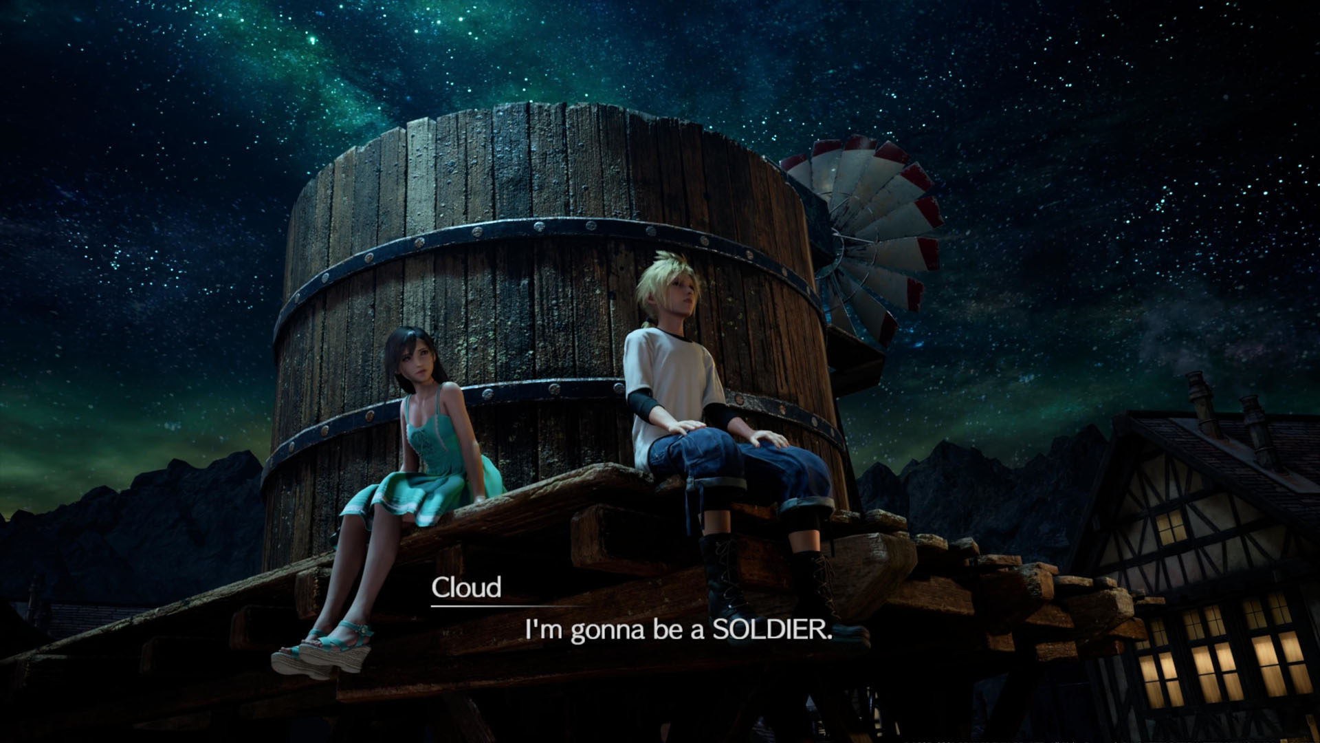A Final Fantasy 7 Remake screenshot showing Cloud and Tifa when they were kids talking while sitting on the water tower. A Final Fantasy 7 Remake screenshot showing Cloud and Tifa when they were kids talking while sitting on the water tower.