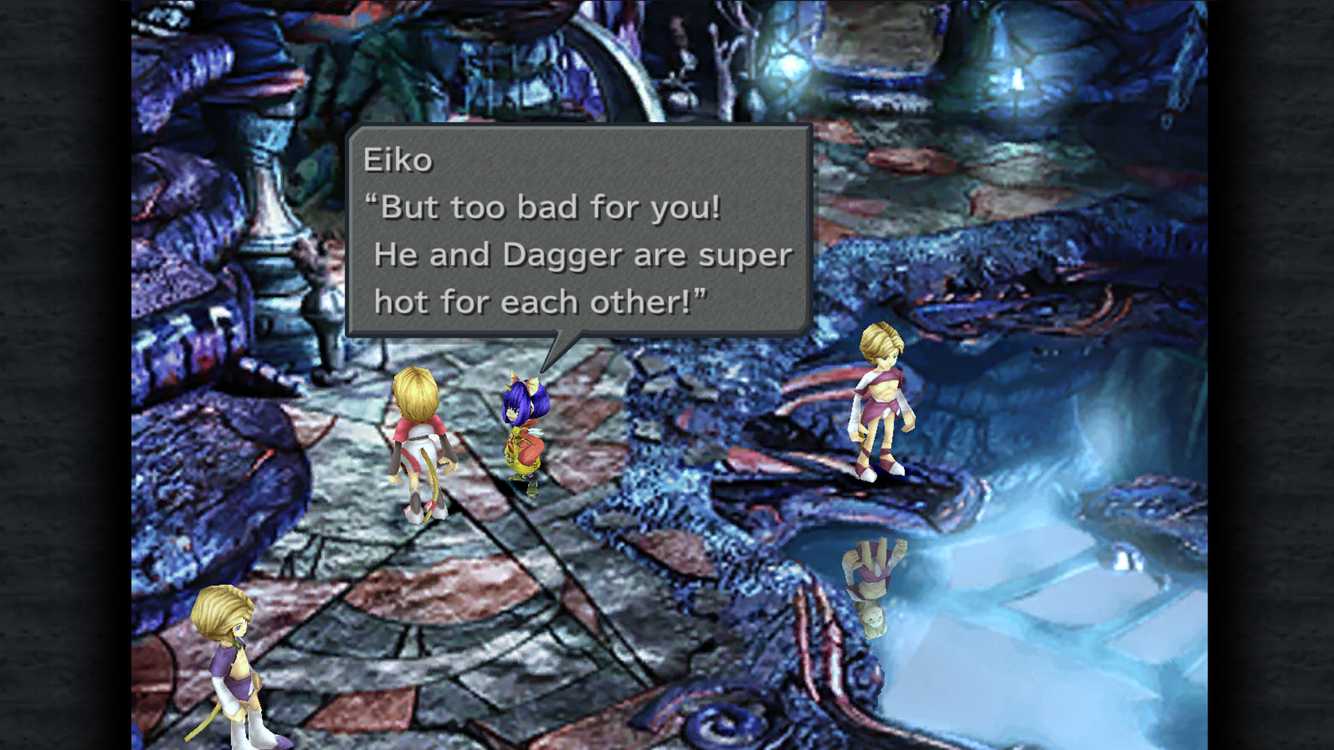A Final Fantasy 9 screenshot showing Eiko talking to other characters about Zidane and Garnet A Final Fantasy 9 screenshot showing Eiko talking to other characters about Zidane and Garnet