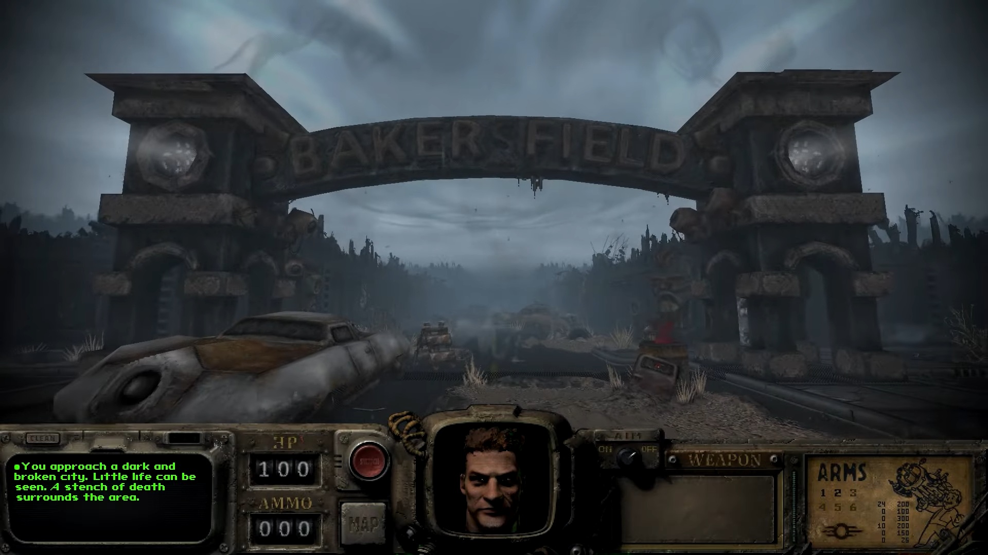 Fallout Bakersfield gameplay showing iconic Bakersfield arch with