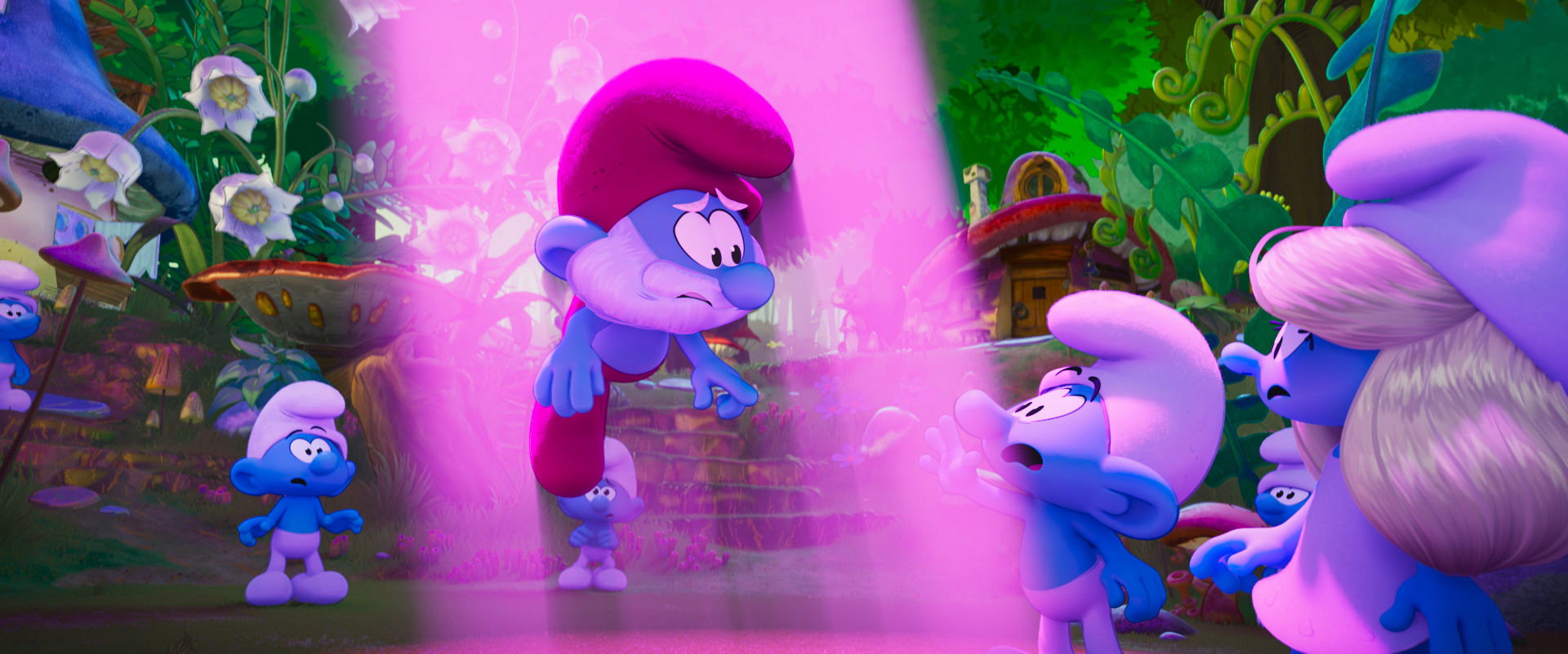 Papa Smurf is sucked up in a purple tractor beam in the 2025 Smurfs movie Papa Smurf is sucked up in a purple tractor beam in the 2025 Smurfs movie
