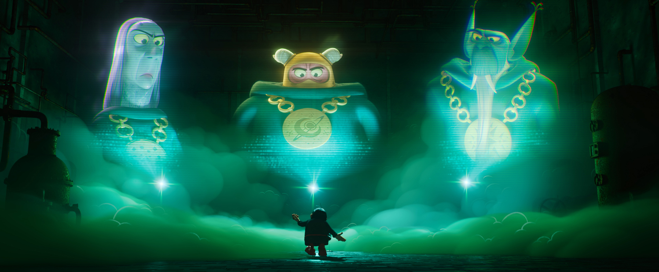 Three evil wizards loom in giant green projections over a silhouetted fourth in the 2025 Smurfs movie Three evil wizards loom in giant green projections over a silhouetted fourth in the 2025 Smurfs movie